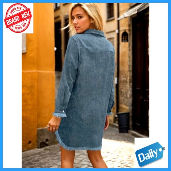 Distressed Denim Shirt Dress Long Sleeve Button Down Casual Tunic Top - Picture 3 of 6